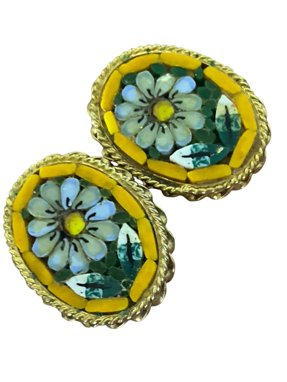 Vintage Micro Mosaic Daisy Clip On Earrings Gold Tone Floral White  Blue